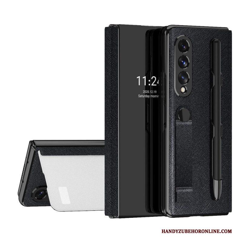 Bescherming Hoesje voor Samsung Galaxy Z Fold 3 5G Folio-hoesje Spiegel Pennenhouder En Riem