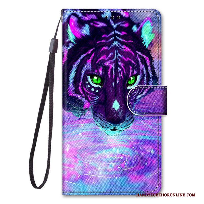 Flip Case voor Samsung Galaxy M53 5G Met Ketting Feline On Fire Met Riem