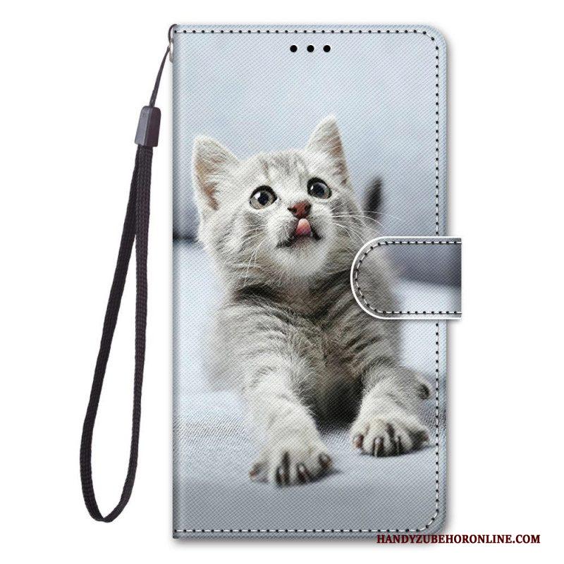 Flip Case voor Samsung Galaxy M53 5G Met Ketting Grijze Kitten Met Riem