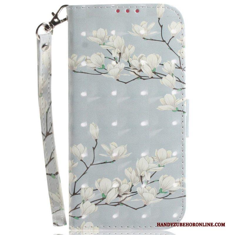 Folio-hoesje voor Moto G73 5G Met Ketting Witte Bloemen Met Bandjes