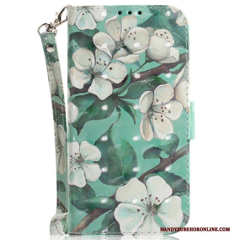 Folio-hoesje voor Moto G73 5G Met Ketting Witte Bloemen Met Bandjes