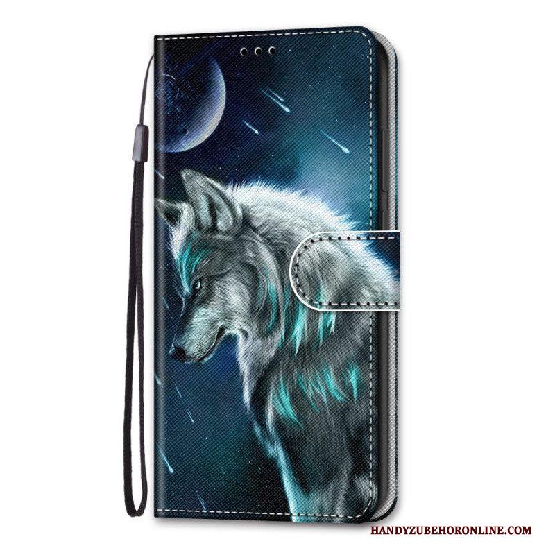 Folio-hoesje voor Samsung Galaxy M53 5G Met Ketting Lanyard Wolf