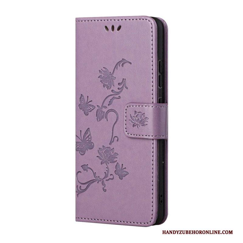 Folio-hoesje voor Samsung Galaxy S22 Plus 5G Met Ketting String Vlinders En Bloemen