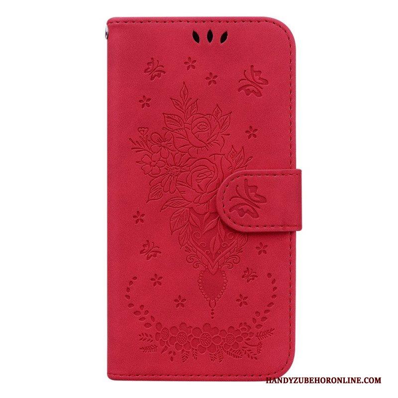 Folio-hoesje voor Samsung Galaxy S23 Plus 5G Met Ketting Strappy Rozen En Vlinders