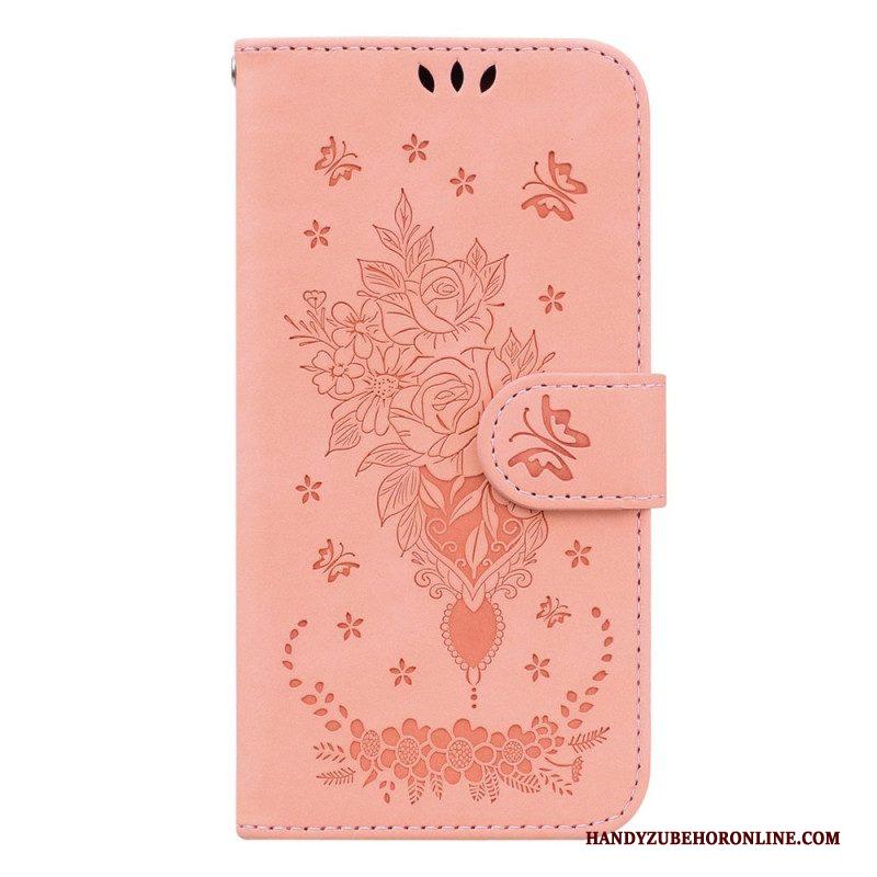 Folio-hoesje voor Samsung Galaxy S23 Plus 5G Met Ketting Strappy Rozen En Vlinders