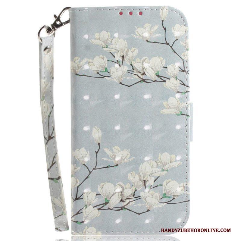 Folio-hoesje voor Sony Xperia 1 IV Met Ketting Witte Bloemen Met Bandjes