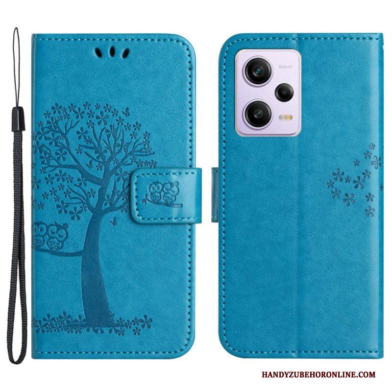 Folio-hoesje voor Xiaomi Redmi Note 12 5G Met Ketting String Boom En Uilen