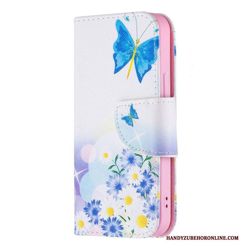 Folio-hoesje voor iPhone 13 Mini Geschilderde Vlinders En Bloemen