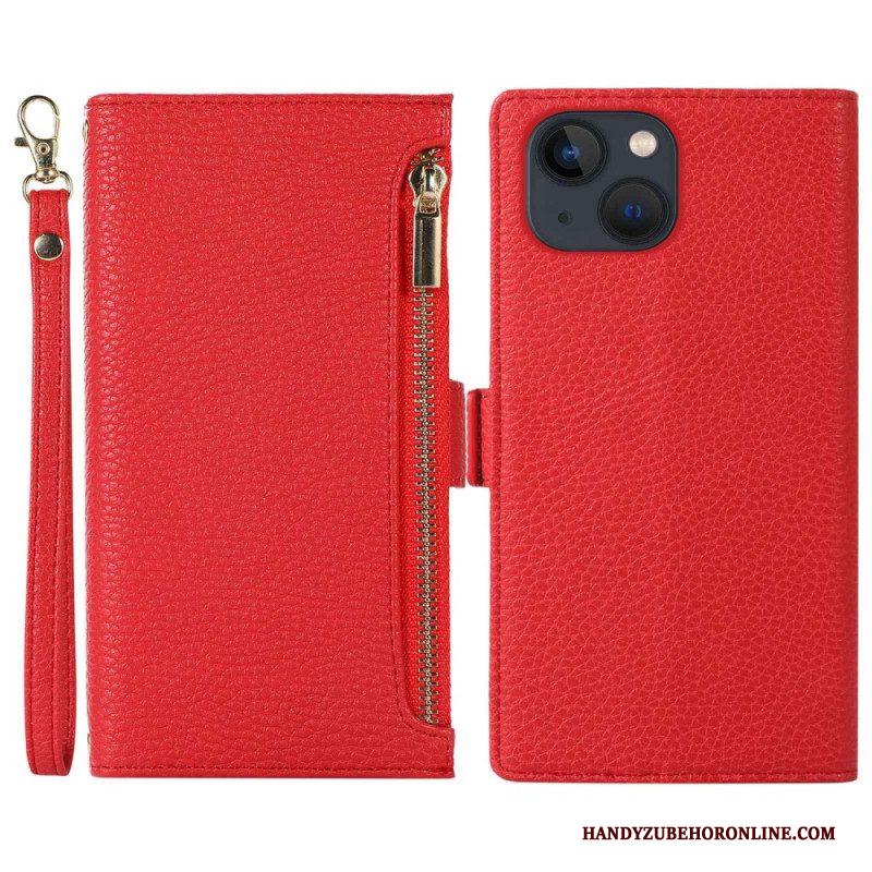 Folio-hoesje voor iPhone 14 Plus Met Ketting Litchi Leer Met Riem En Ritssluiting