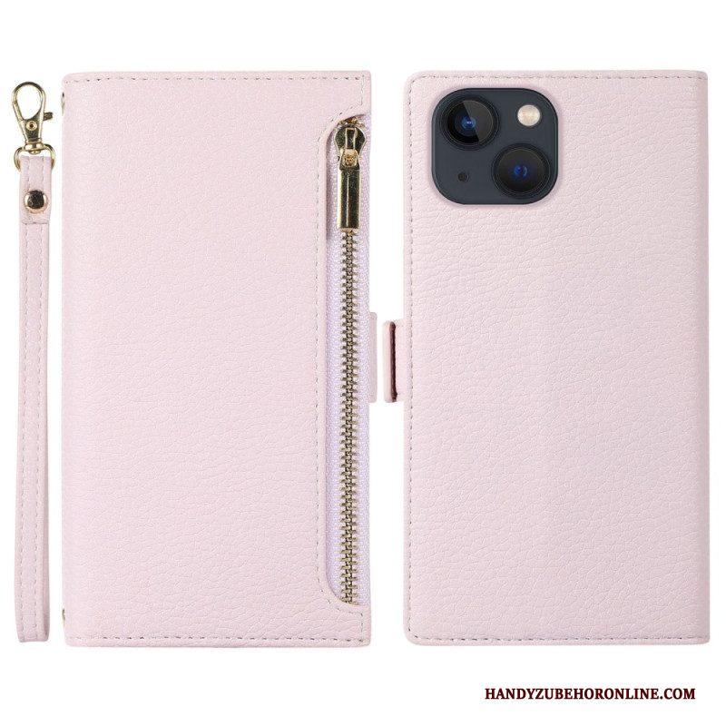 Folio-hoesje voor iPhone 14 Plus Met Ketting Litchi Leer Met Riem En Ritssluiting