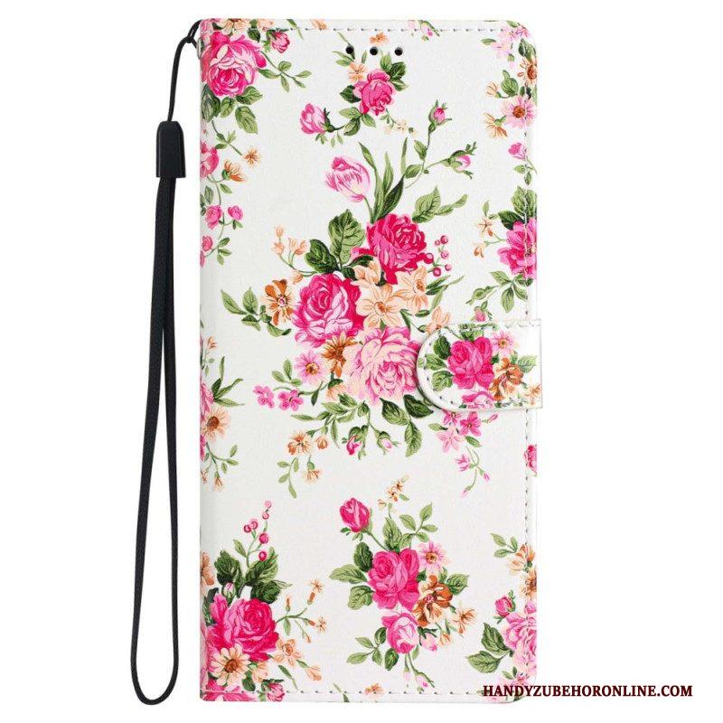 Folio-hoesje voor iPhone 15 Plus Met Ketting Bloemen Met Riempje