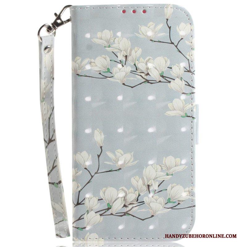 Folio-hoesje voor iPhone 15 Plus Met Ketting Witte Bloemen Met Riempje