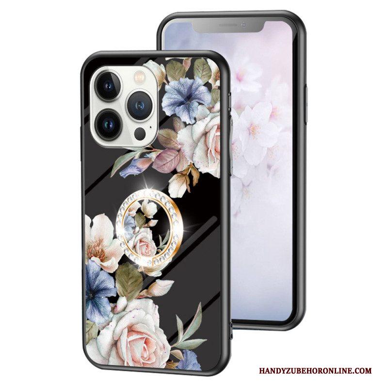 Hoesje voor iPhone 15 Pro Gebloemd Gehard Glas Met Steunring