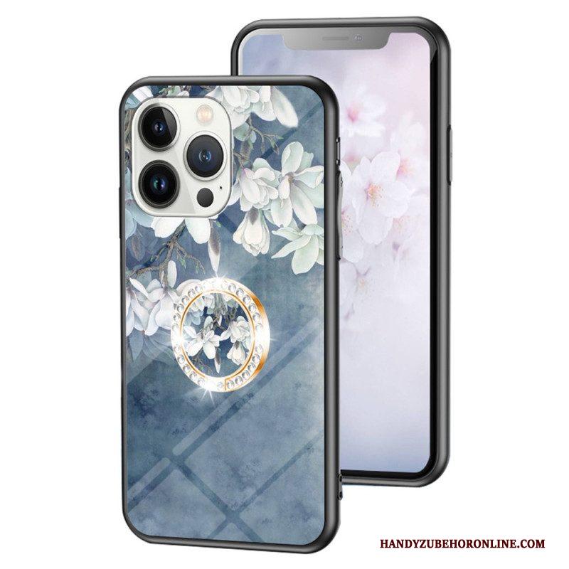 Hoesje voor iPhone 15 Pro Gebloemd Gehard Glas Met Steunring