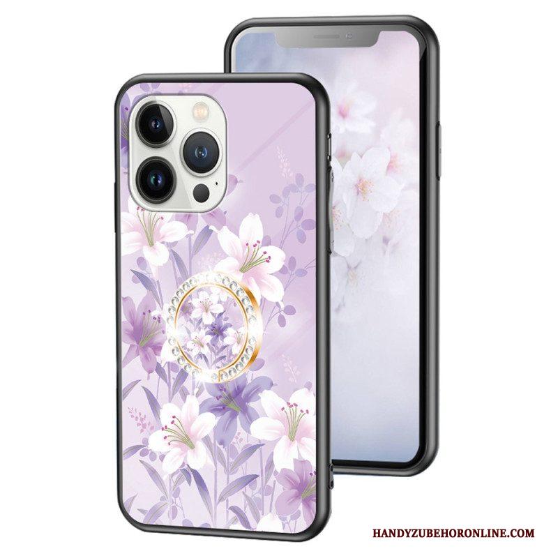 Hoesje voor iPhone 15 Pro Gebloemd Gehard Glas Met Steunring