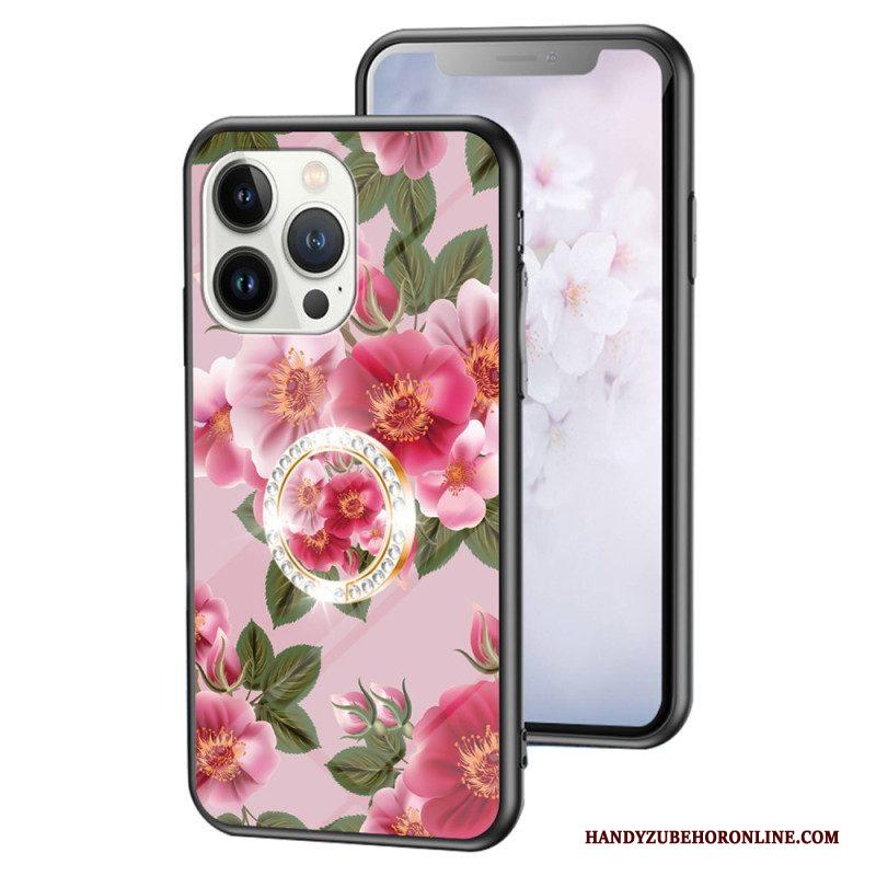 Hoesje voor iPhone 15 Pro Gebloemd Gehard Glas Met Steunring