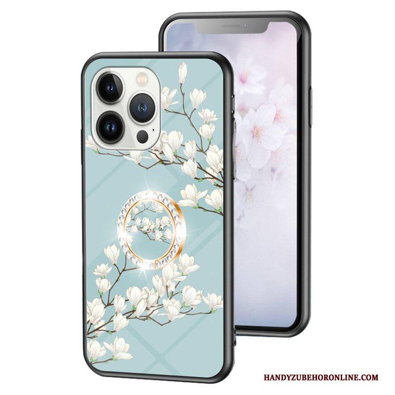 Hoesje voor iPhone 15 Pro Gebloemd Gehard Glas Met Steunring