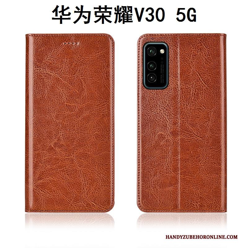 Honor View30 Hoesje Leren Etui Bruin Siliconen Patroon Echt Leer Zacht Anti-fall