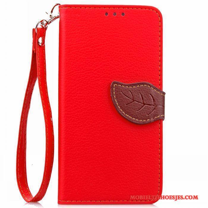 Htc One A9 Hoesje Telefoon Hanger Leren Etui Rood Portemonnee Bescherming Ondersteuning