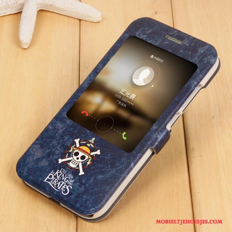 Huawei G7 Plus Clamshell Wakker Worden Mobiele Telefoon Hoesje Telefoon Leren Etui Spotprent Lichtblauw