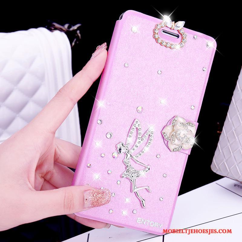 Huawei G7 Plus Leren Etui Hoesje Telefoon Anti-fall Bescherming Met Strass Roze Clamshell