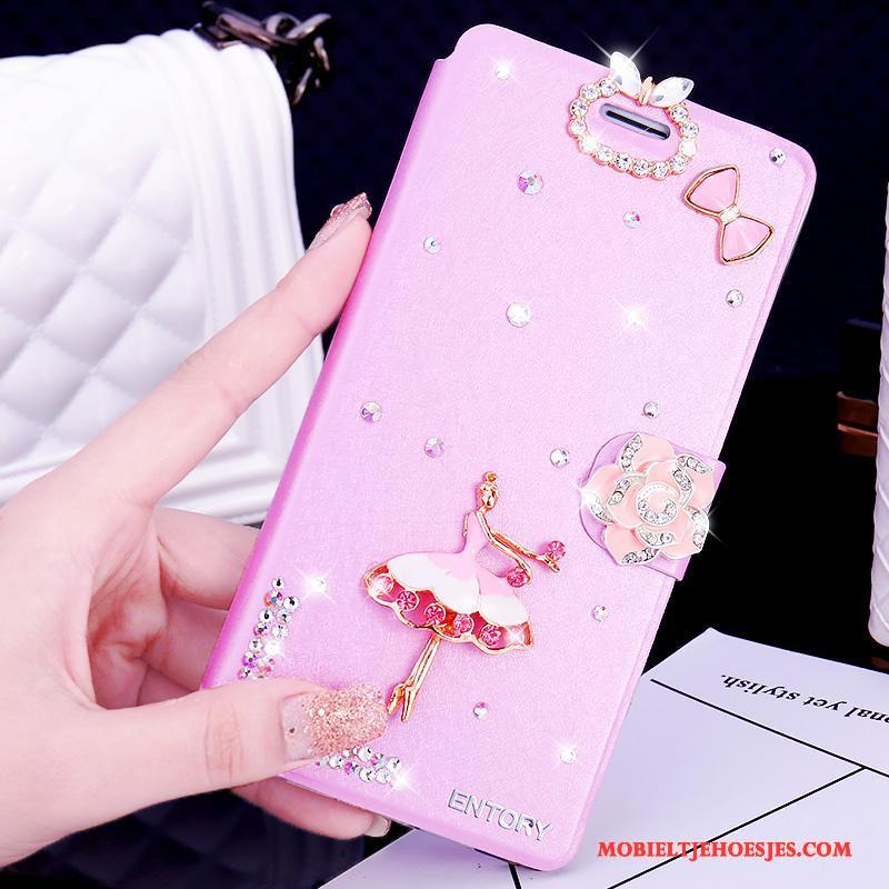 Huawei G7 Plus Leren Etui Hoesje Telefoon Anti-fall Bescherming Met Strass Roze Clamshell