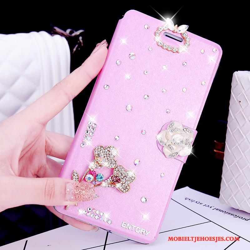 Huawei G9 Plus Anti-fall Leren Etui Roze Strass Hoesje Telefoon Clamshell