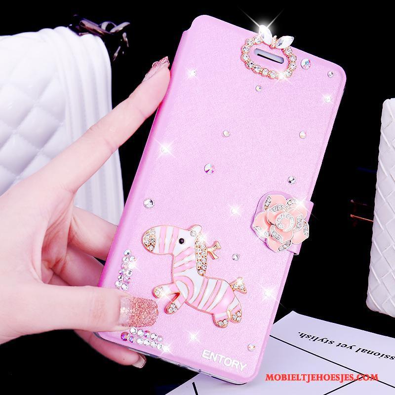 Huawei G9 Plus Anti-fall Leren Etui Roze Strass Hoesje Telefoon Clamshell