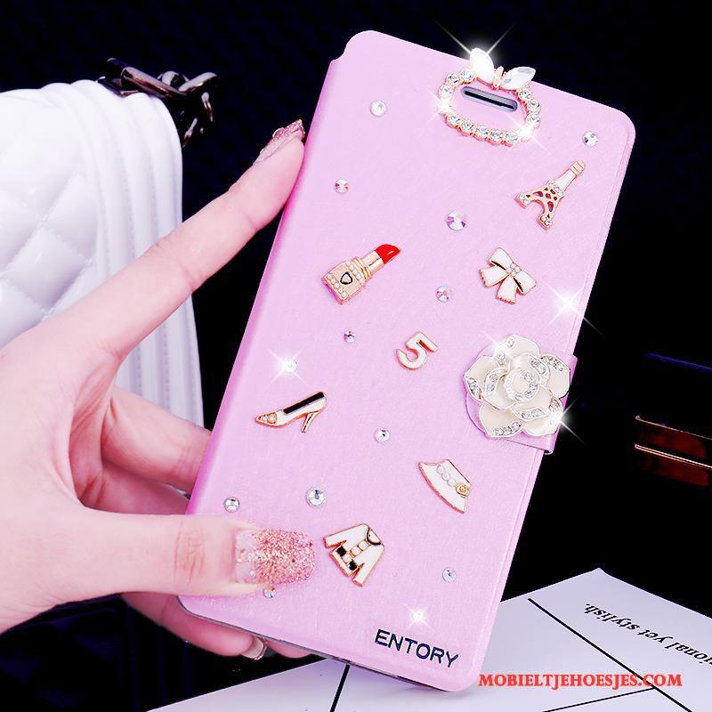 Huawei G9 Plus Anti-fall Leren Etui Roze Strass Hoesje Telefoon Clamshell