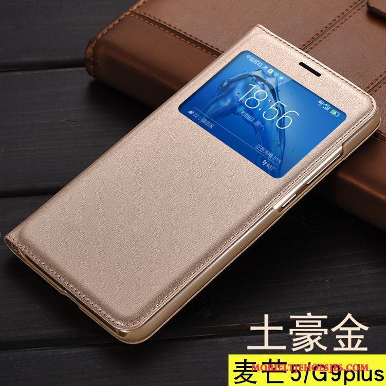 Huawei G9 Plus Hoesje Telefoon Leren Etui Folio Goud Bescherming
