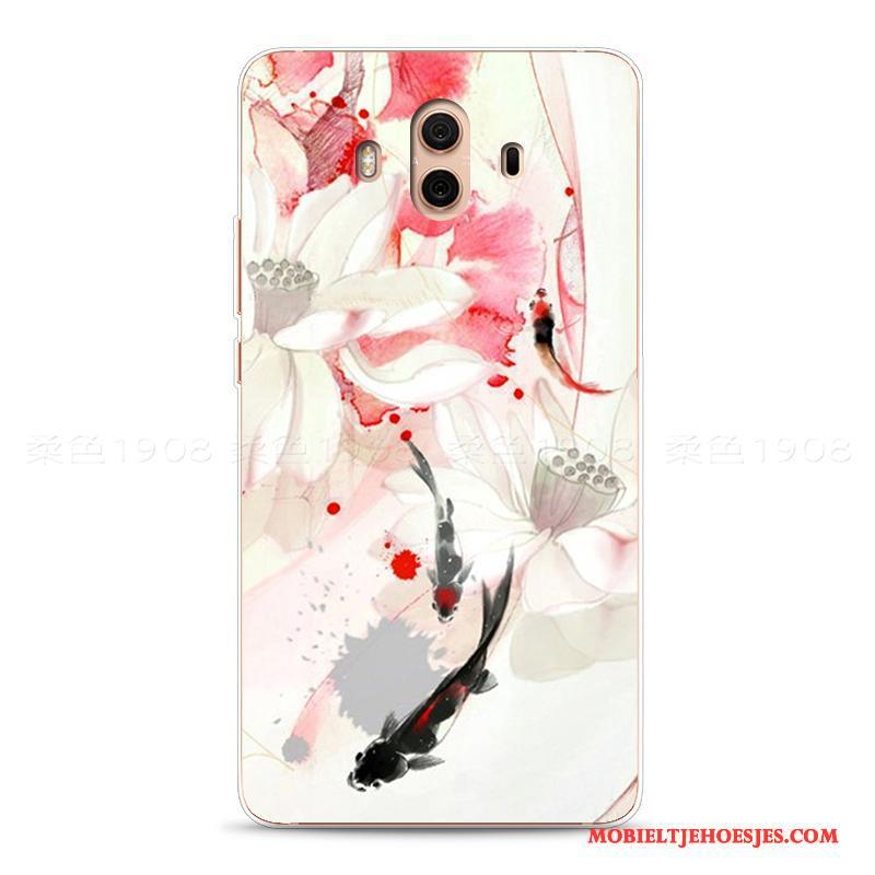 Huawei Mate 10 Hoesje Roze Kunst Zacht Bloemen Reliëf Hoes Chinese Stijl