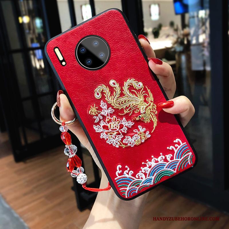 Huawei Mate 30 Siliconen Lovers Net Red All Inclusive Hoesje Telefoon Rood Borduurwerk