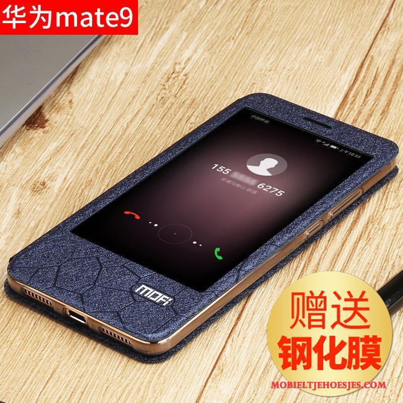 Huawei Mate 9 Scheppend Clamshell Leren Etui Hoesje Telefoon Bescherming Blauw Siliconen