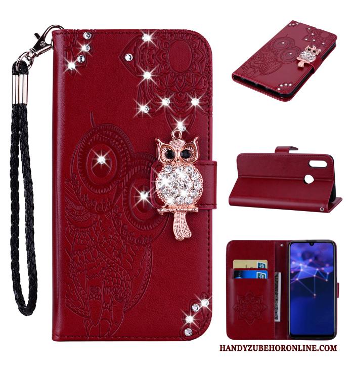 Huawei P Smart 2019 Hoesje Telefoon Hanger Met Strass Kat Rose Goud Leren Etui