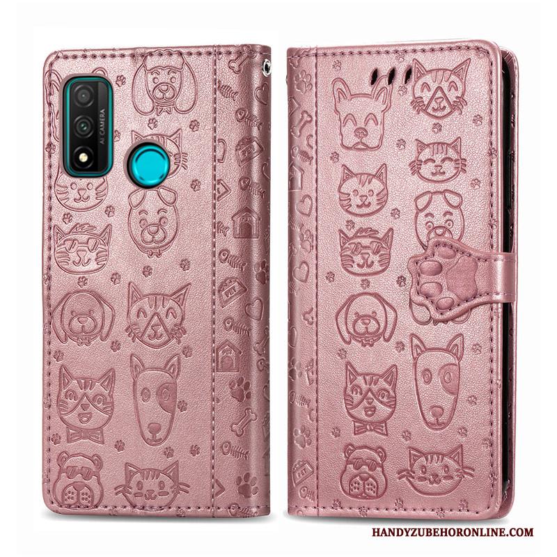 Huawei P Smart 2020 Hoes Reliëf Kunstleer Hoesje Telefoon Blauw Kat Leren Etui