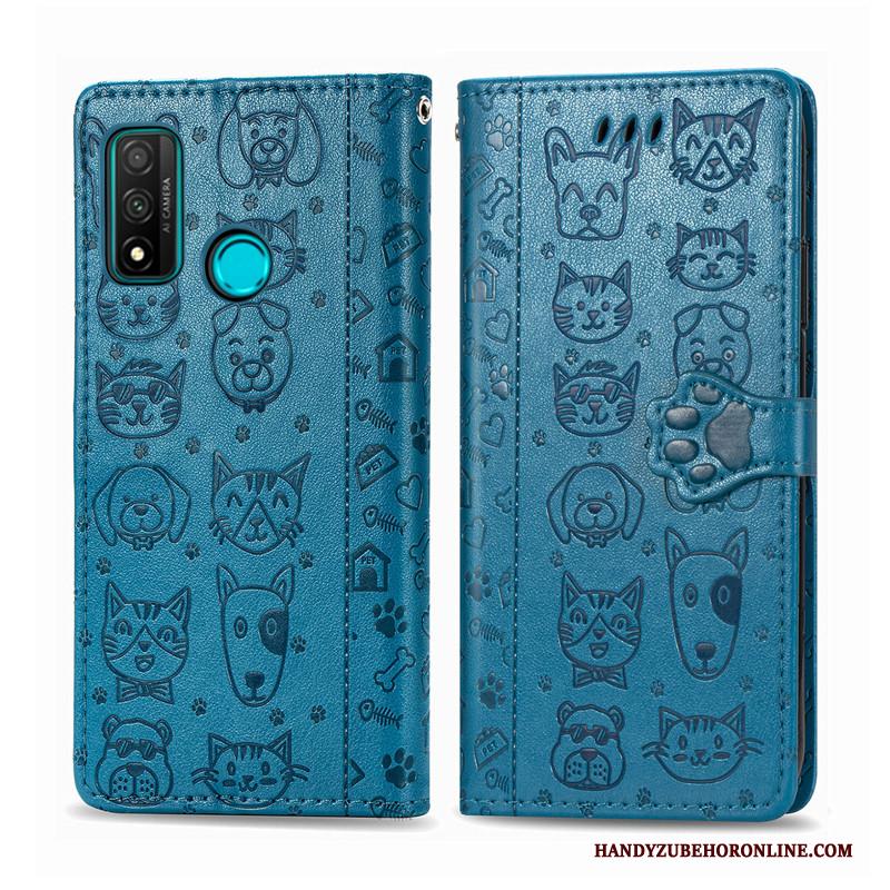 Huawei P Smart 2020 Hoes Reliëf Kunstleer Hoesje Telefoon Blauw Kat Leren Etui