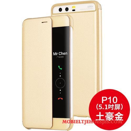 Huawei P10 Bescherming Hoesje Telefoon Goud Leren Etui Clamshell Anti-fall