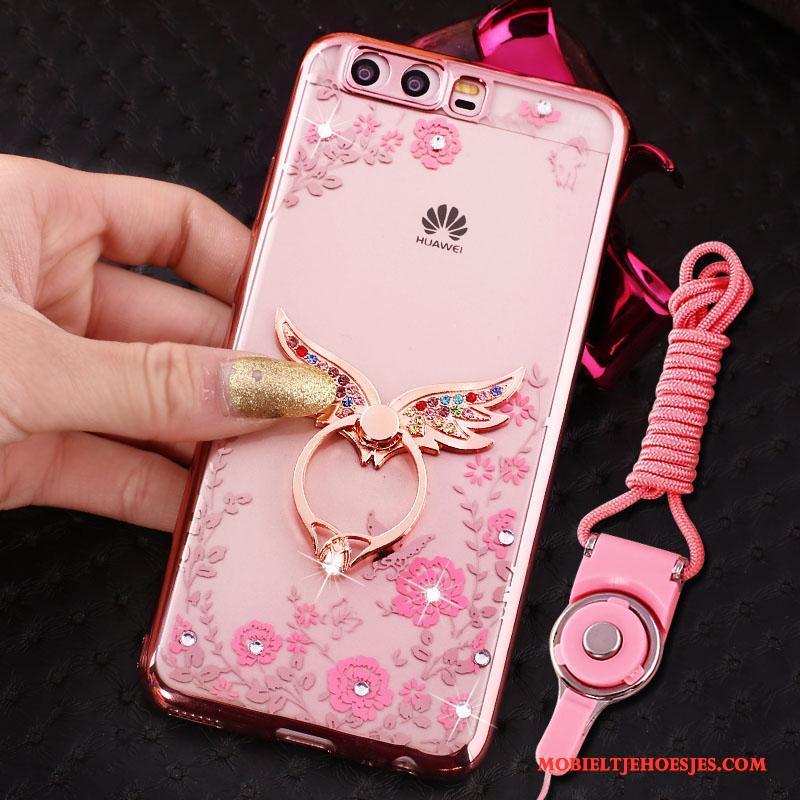 Huawei P10 Hoesje Mobiele Telefoon Hoes Goud Met Strass Siliconen Ring Opknoping Nek