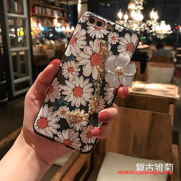 Huawei P10 Hoesje Telefoon Zacht Schrobben Reliëf Siliconen Zwart Bloemen