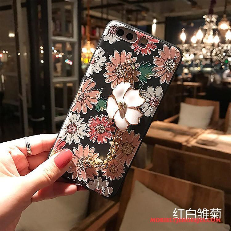 Huawei P10 Hoesje Telefoon Zacht Schrobben Reliëf Siliconen Zwart Bloemen