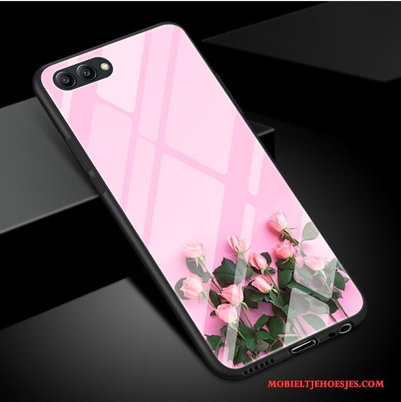 Huawei P10 Plus Hoesje Telefoon Bloemen Wit Eenvoudige Roze Siliconen Glas