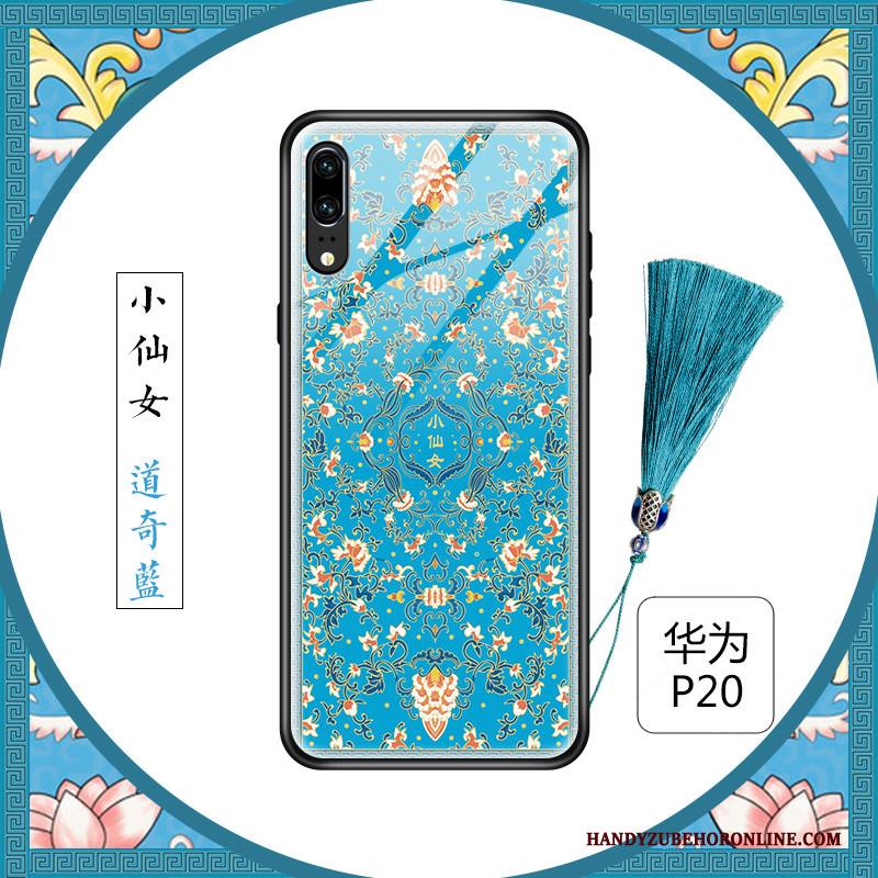 Huawei P20 Hoesje Chinese Stijl Glas Blauw Scheppend Bloemen Siliconen Vers