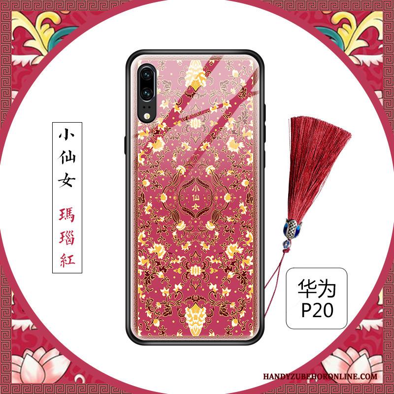 Huawei P20 Hoesje Chinese Stijl Glas Blauw Scheppend Bloemen Siliconen Vers