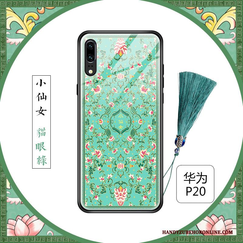 Huawei P20 Hoesje Chinese Stijl Glas Blauw Scheppend Bloemen Siliconen Vers