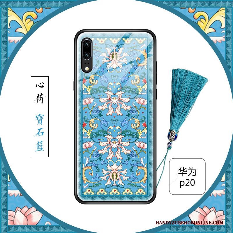 Huawei P20 Hoesje Chinese Stijl Glas Blauw Scheppend Bloemen Siliconen Vers