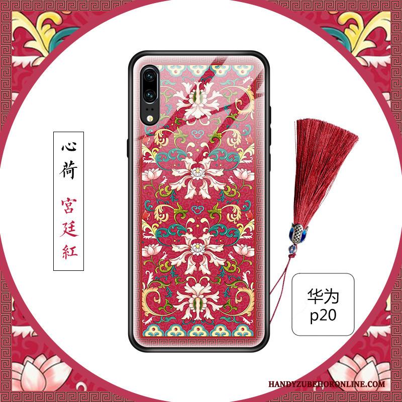 Huawei P20 Hoesje Chinese Stijl Glas Blauw Scheppend Bloemen Siliconen Vers