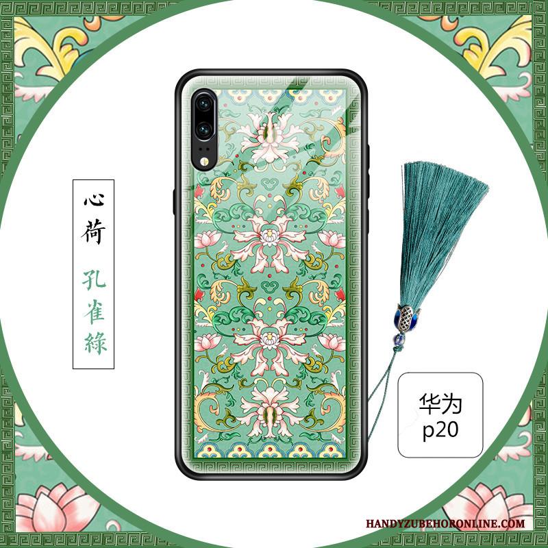 Huawei P20 Hoesje Chinese Stijl Glas Blauw Scheppend Bloemen Siliconen Vers