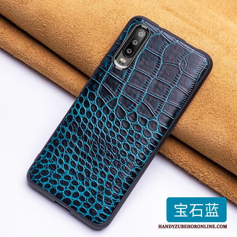 Huawei P30 Hoesje Echt Leer Trend Bedrijf Blauw Leren Etui Scheppend Persoonlijk