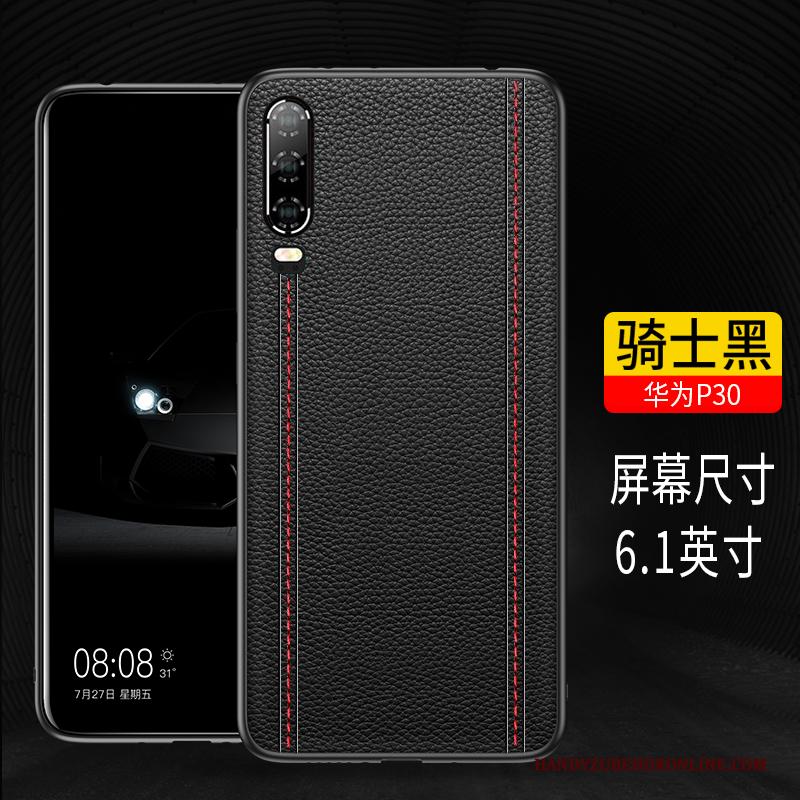 Huawei P30 Hoesje Leren Etui Trendy Merk Echt Leer Bescherming Hoes Zwart Siliconen
