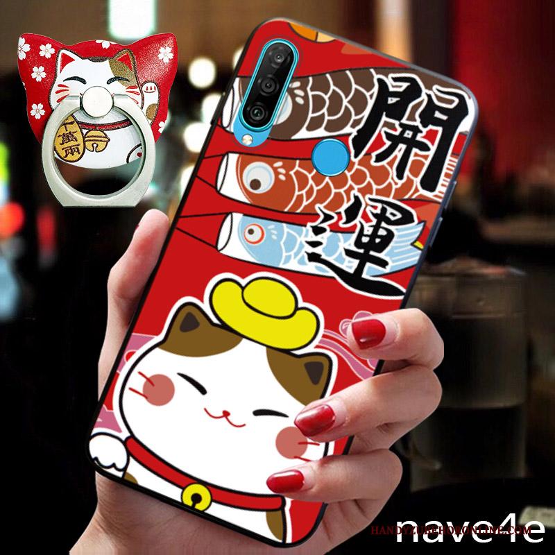 Huawei P30 Lite Rijkdom Trend Schrobben Hoesje Rood Kat Telefoon